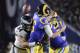 Philadelphia Eagles outside linebacker Kamu Grugier-Hill forces a fumble by Los Angeles Rams quarterback Jared Goff during the second half in an NFL football game Sunday, Dec. 16, 2018, in Los Angeles. (AP Photo/Jae C. Hong)