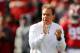 TUSCALOOSA, AL - NOVEMBER 24: Head coach Nick Saban of the Alabama Crimson Tide runs warmups prior to facing the Auburn Tigers at Bryant-Denny Stadium on November 24, 2018 in Tuscaloosa, Alabama. (Photo by Kevin C. Cox/Getty Images)