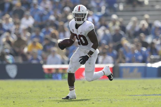 Stanford running back Bryce Love (20) runs against UCLA during the first half of an NCAA college football game Saturday, Nov. 24, 2018, in Pasadena, Calif. (AP Photo/Marcio Jose Sanchez)