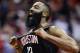 Houston Rockets guard James Harden reacts after making a three-point basket late in the second half of an NBA basketball game against the Utah Jazz, Monday, Dec. 17, 2018, in Houston. (AP Photo/Eric Christian Smith)