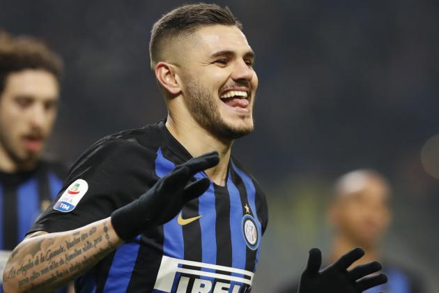 Inter Milan's Mauro Icardi celebrates after scoring his team's first goal on a penalty kick during an Italian Serie A soccer match between Inter Milan and Udinese, at the San Siro stadium in Milan, Italy, Saturday, Dec. 15, 2018. (AP Photo/Antonio Calanni)