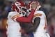 ALTERNATE CROP - Kansas City Chiefs wide receiver Tyreek Hill, right, celebrates after he caught a pass for a touchdown from quarterback Patrick Mahomes, left, during the first half of an NFL football game against the Los Angeles Rams Monday, Nov. 19, 2018, in Los Angeles. (AP Photo/Kelvin Kuo)