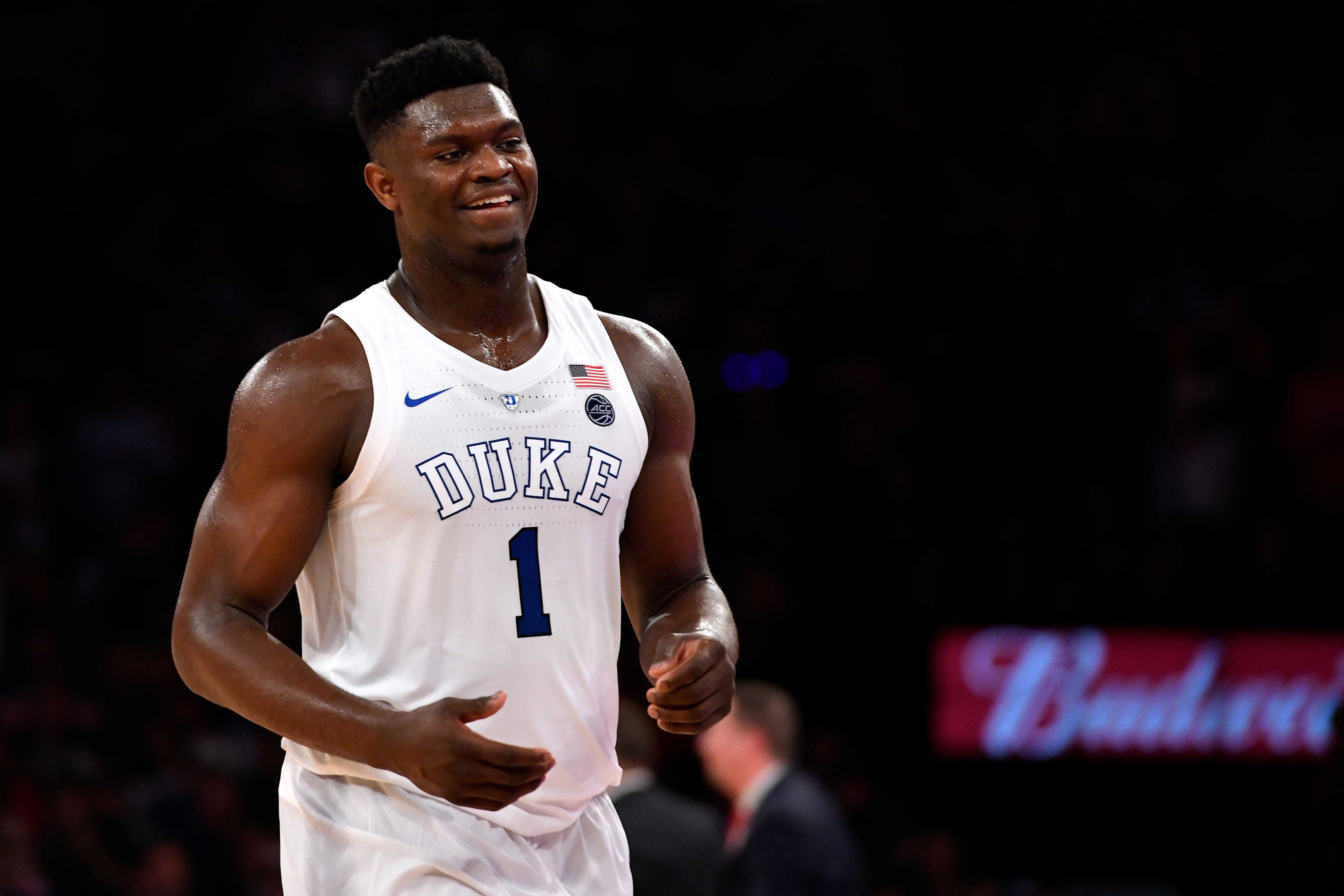 NEW YORK, NY - DECEMBER 20: Zion Williamson #1 of the Duke Blue Devils reacts against the Texas Tech Red Raiders in the first half at Madison Square Garden on December 20, 2018 in New York City. (Photo by Lance King/Getty Images)