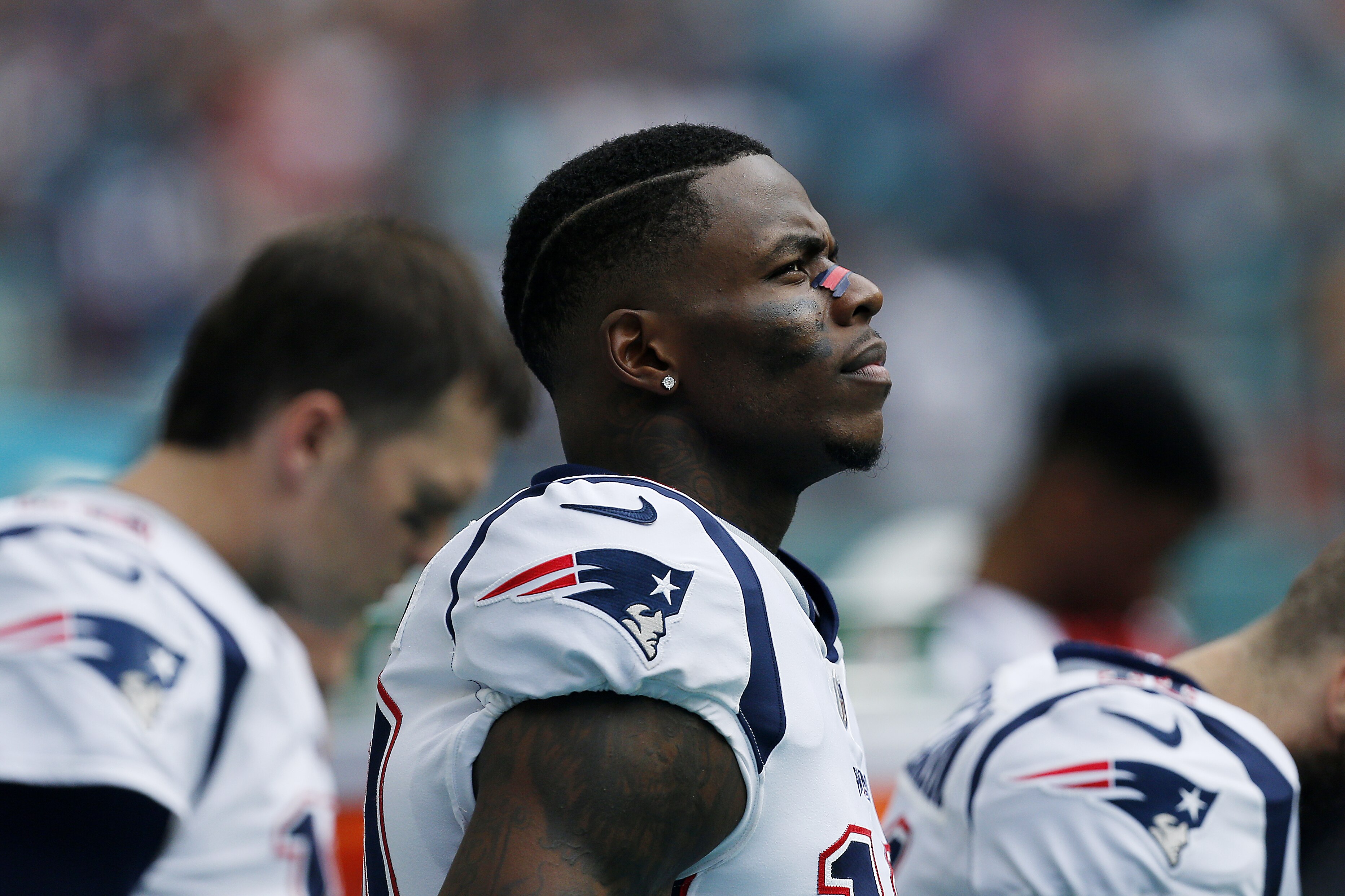 MIAMI, FL - DECEMBER 09: Josh Gordon #10 of the New England Patriots looks on prior to the game against the Miami Dolphins at Hard Rock Stadium on December 9, 2018 in Miami, Florida.  (Photo by Michael Reaves/Getty Images)