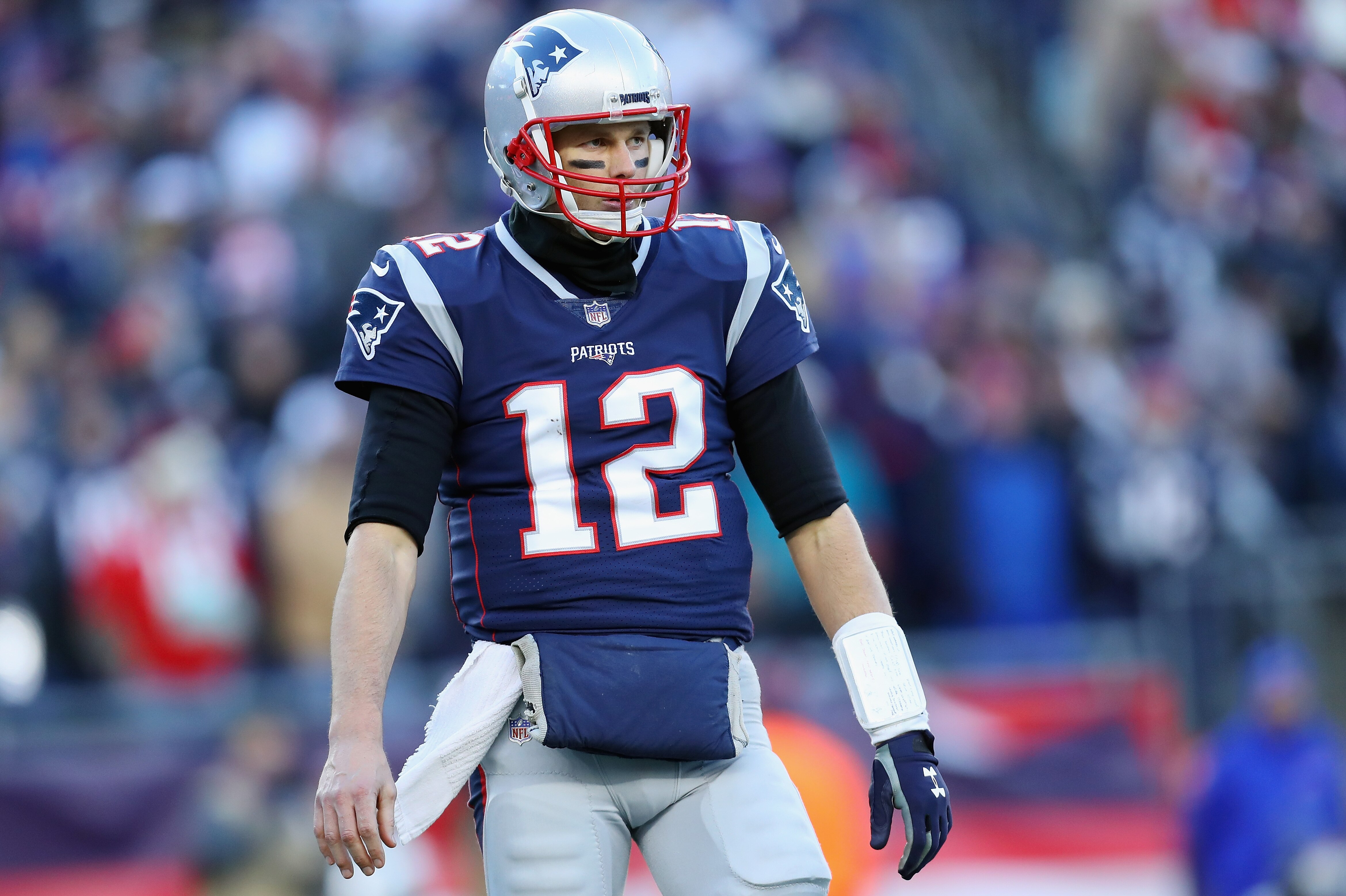 FOXBOROUGH, MA - DECEMBER 23: Tom Brady #12 of the New England Patriots reacts during the second half against the Buffalo Bills at Gillette Stadium on December 23, 2018 in Foxborough, Massachusetts. (Photo by Maddie Meyer/Getty Images)