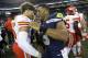 Seattle Seahawks quarterback Russell Wilson, right, greets Kansas City Chiefs quarterback Patrick Mahomes after an NFL football preseason game, Friday, Aug. 25, 2017, in Seattle. The Seahawks won 26-13. (AP Photo/Elaine Thompson)