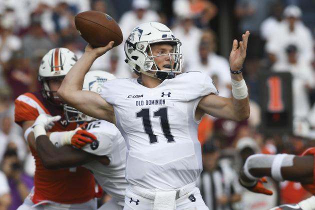 BLACKSBURG, VA - SEPTEMBER 22: Quarterback Blake LaRussa #11 of the Old Dominion Monarchs throws a pass against the Virginia Tech Hokies in the second half at S. B. Ballard Stadium on September 22, 2018 in Norfolk, Virginia. (Photo by Michael Shroyer/Getty Images)