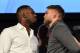 NEW YORK, NEW YORK - NOVEMBER 02: (L-R) Opponents Jon Jones and Alexander Gustafsson of Sweden face off during the UFC 232 press conference inside Hulu Theater at Madison Square Garden on November 2, 2018 in New York, New York. (Photo by Jeff Bottari/Zuffa LLC/Zuffa LLC via Getty Images)