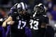 FORT WORTH, TEXAS - NOVEMBER 24: Grayson Muehlstein #17 of the TCU Horned Frogs and Sewo Olonilua #33 celebrate a touchdown against the Oklahoma State Cowboys at Amon G. Carter Stadium on November 24, 2018 in Fort Worth, Texas. (Photo by Ronald Martinez/Getty Images)