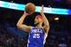 PHILADELPHIA, PENNSYLVANIA - DECEMBER 19: Ben Simmons #25 of the Philadelphia 76ers puts up a jump shot against the New York Knicks at Wells Fargo Center on December 19, 2018 in Philadelphia, Pennsylvania. NOTE TO USER: User expressly acknowledges and agrees that, by downloading and or using this photograph, User is consenting to the terms and conditions of the Getty Images License Agreement. (Photo by Drew Hallowell/Getty Images)