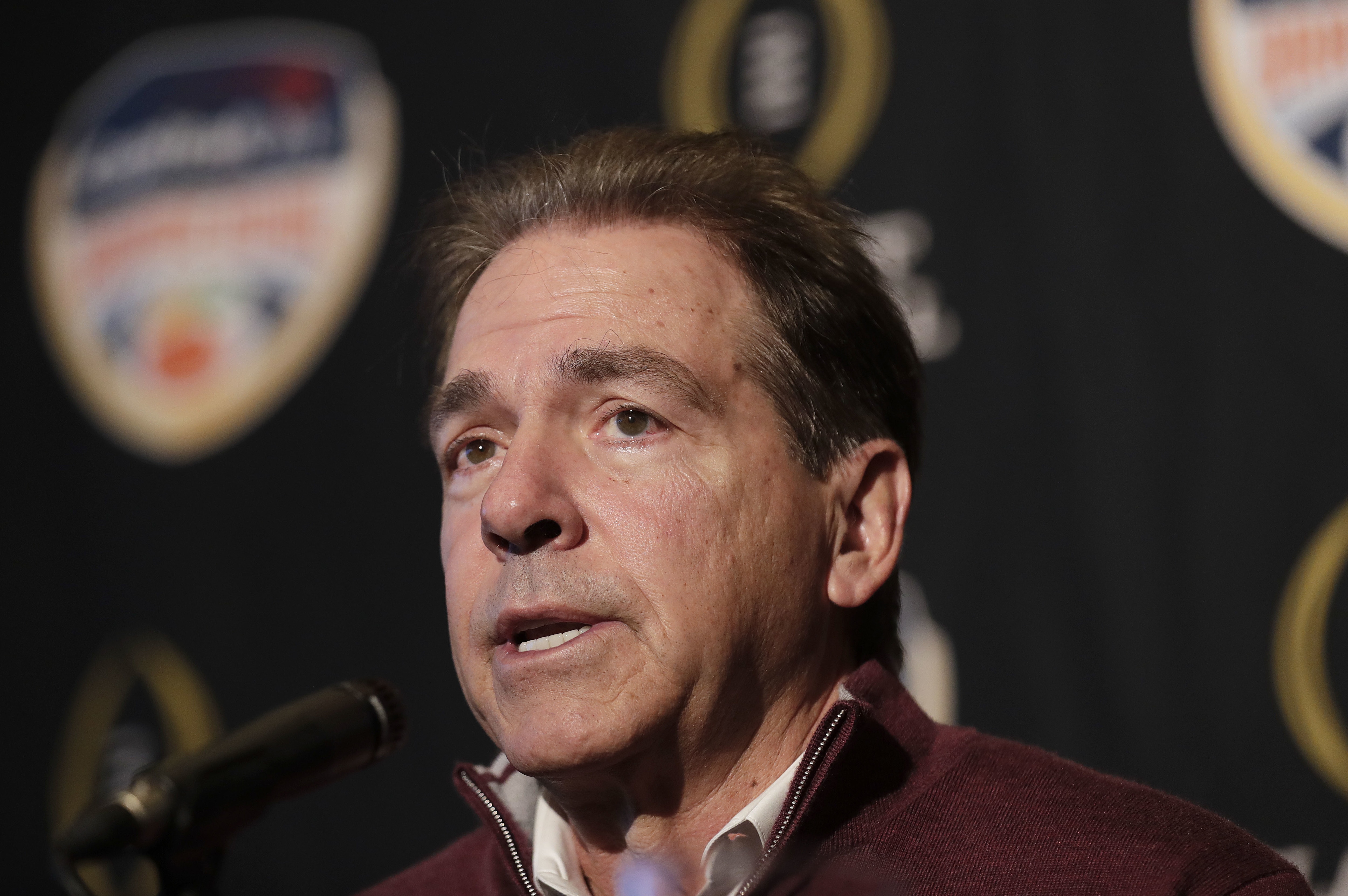 Alabama head coach Nick Saban speaks during an NCAA college football media day on Thursday, Dec. 27, 2018, in Miami Gardens, Fla. Alabama plays Oklahoma in the Orange Bowl on Dec. 29. (AP Photo/Brynn Anderson)