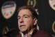 Alabama head coach Nick Saban speaks during an NCAA college football media day on Thursday, Dec. 27, 2018, in Miami Gardens, Fla. Alabama plays Oklahoma in the Orange Bowl on Dec. 29. (AP Photo/Brynn Anderson)