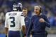 Seattle Seahawks head coach Pete Carroll smiles with quarterback Russell Wilson during an NFL football game against the Detroit Lions in Detroit, Sunday, Oct. 28, 2018. (AP Photo/Paul Sancya)