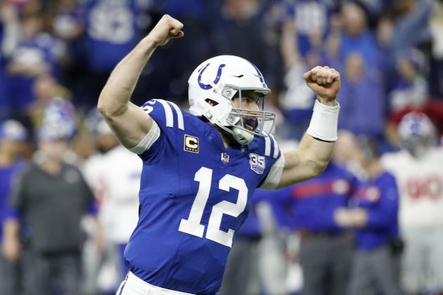 INDIANAPOLIS, INDIANA - DECEMBER 23: Andrew Luck #12 of the Indianapolis Colts celebrates after a touchdown in the game against the New York Giants in the third quarter at Lucas Oil Stadium on December 23, 2018 in Indianapolis, Indiana. (Photo by Joe Robbins/Getty Images)
