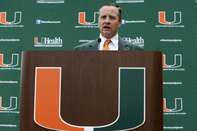 FILE - In this Aug. 9, 2013, file photo, Miami's athletic director Blake James speaks to the news media during an NCAA football media day in Coral Gables, Fla. No. 16 Miami canceled its game at Arkansas State, in part out of concern that the Hurricanes may get stranded away from home if Hurricane Irma strikes South Florida.