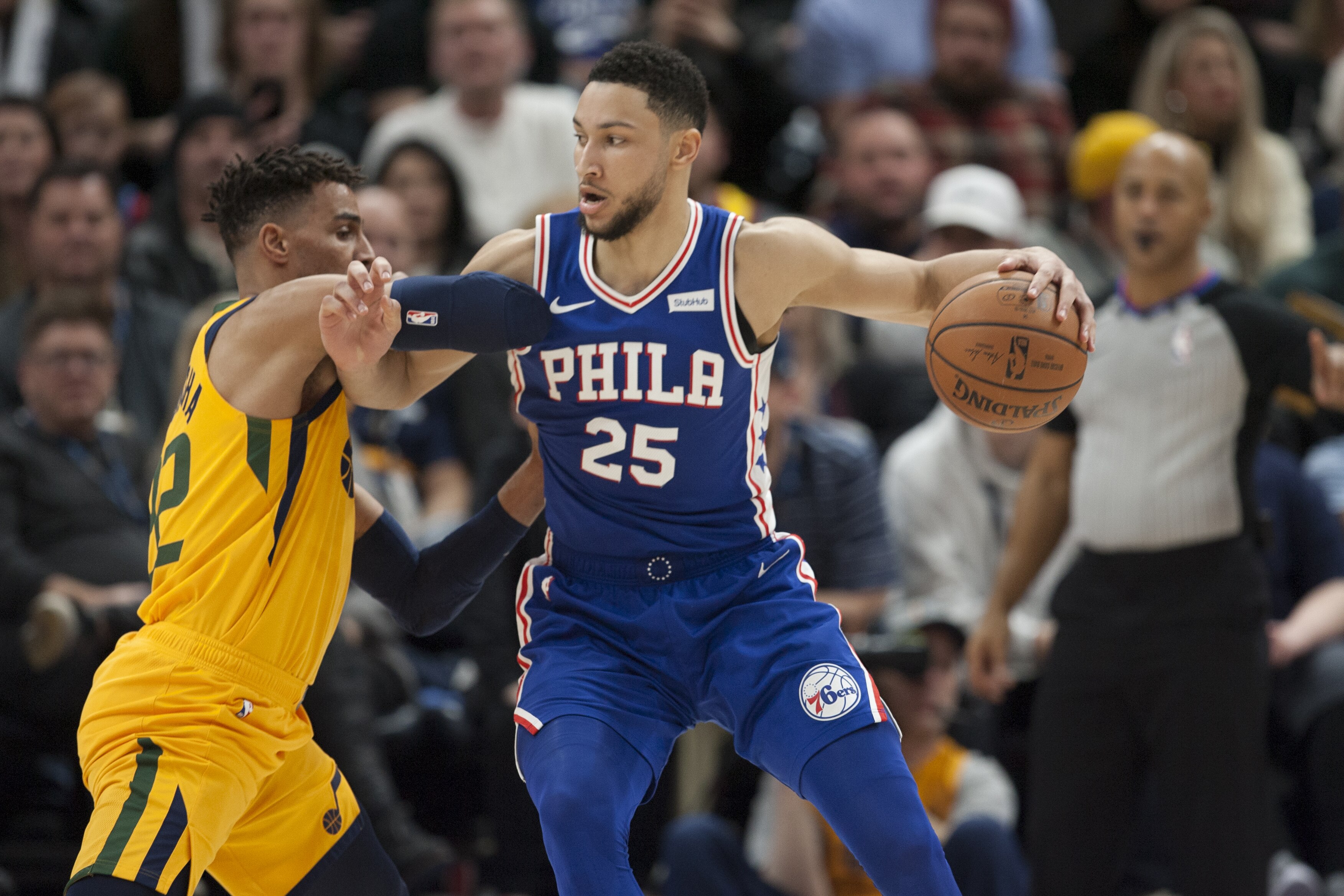 SALT LAKE CITY, UT -  DECEMBER 27: Thabo Sefolosha #22 of the Utah Jazz tries to guard Ben Simmons #25 of the Philadelphia 76ers during their game at the Vivint Smart Home Arena on December 27, 2018 in Salt Lake City , Utah. NOTE TO USER: User expressly acknowledges and agrees that, by downloading and or using this photograph, User is consenting to the terms and conditions of the Getty Images License Agreement.(Photo by Chris Gardner/Getty Images)