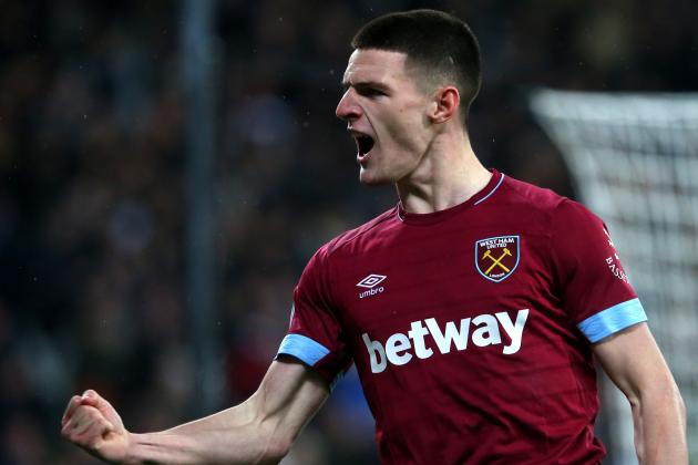 LONDON, ENGLAND - DECEMBER 04, Declan Rice of West Ham United United celebrates his teams first goal during the Premier League match between West Ham United and Cardiff City FC at London Stadium on December 4, 2018 in London, United Kingdom. (Photo by Chloe Knott - Danehouse/Getty Images)