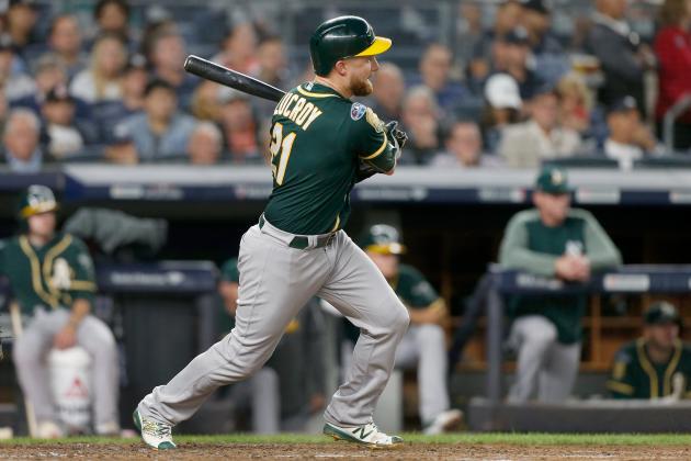 NEW YORK, NY - OCTOBER 03:  (NEW YORK DAILIES OUT)   Jonathan Lucroy #21 of the Oakland Athletics in action against the New York Yankees in the American League Wild Card Game at Yankee Stadium on October 3, 2018 in the Bronx borough of New York City. The Yankees defeated the Athletics 7-2.  (Photo by Jim McIsaac/Getty Images)