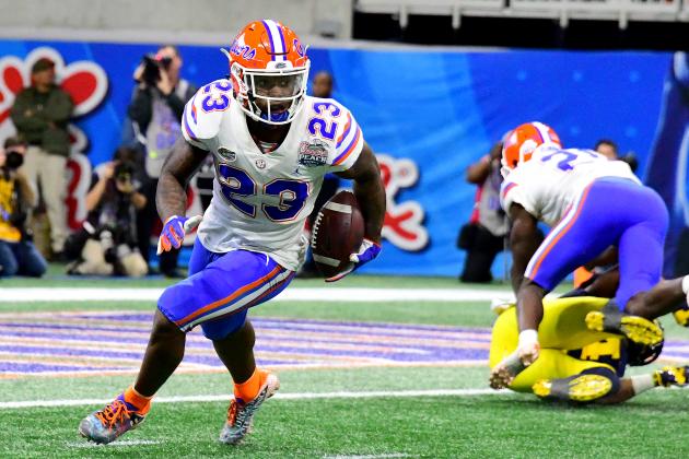 ATLANTA, GEORGIA - DECEMBER 29:  Chauncey Gardner-Johnson #23 of the Florida Gators intercepts the ball in the third quarter against the Michigan Wolverines during the Chick-fil-A Peach Bowl at Mercedes-Benz Stadium on December 29, 2018 in Atlanta, Georgia. (Photo by Scott Cunningham/Getty Images)