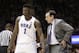 Duke's Zion Williamson speaks with coach Mike Krzyzewski during the second half of an NCAA college basketball game against Princeton in Durham, N.C., Tuesday, Dec. 18, 2018. (AP Photo/Gerry Broome)