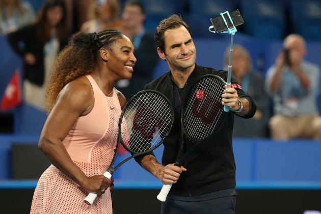 PERTH, AUSTRALIA - JANUARY 01: Serena Williams of the United States and Roger Federer of Switzerland take a selfie on court following their mixed doubles match during day four of the 2019 Hopman Cup at RAC Arena on January 01, 2019 in Perth, Australia. (Photo by Paul Kane/Getty Images)