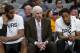 SAN ANTONIO, TX - NOVEMBER 30: Gregg Popovich head coach of the San Antonio Spurs talks with players LaMarcus Aldridge #12, and DeMar DeRozan #10 on the bench during an NBA game against the Houston Rockets held November 30, 2018 at the AT&T Center in San Antonio, Texas. The Houston Rockets won 136-105. NOTE TO USER: User expressly acknowledges and agrees that, by downloading and or using this photograph, User is consenting to the terms and conditions of the Getty Images License Agreement. (Photo by Edward A. Ornelas/Getty Images)