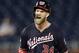 Washington Nationals' Bryce Harper reacts after his RBI-double during the sixth inning of a baseball game against the Philadelphia Phillies, Tuesday, Aug. 21, 2018, in Washington. (AP Photo/Nick Wass)