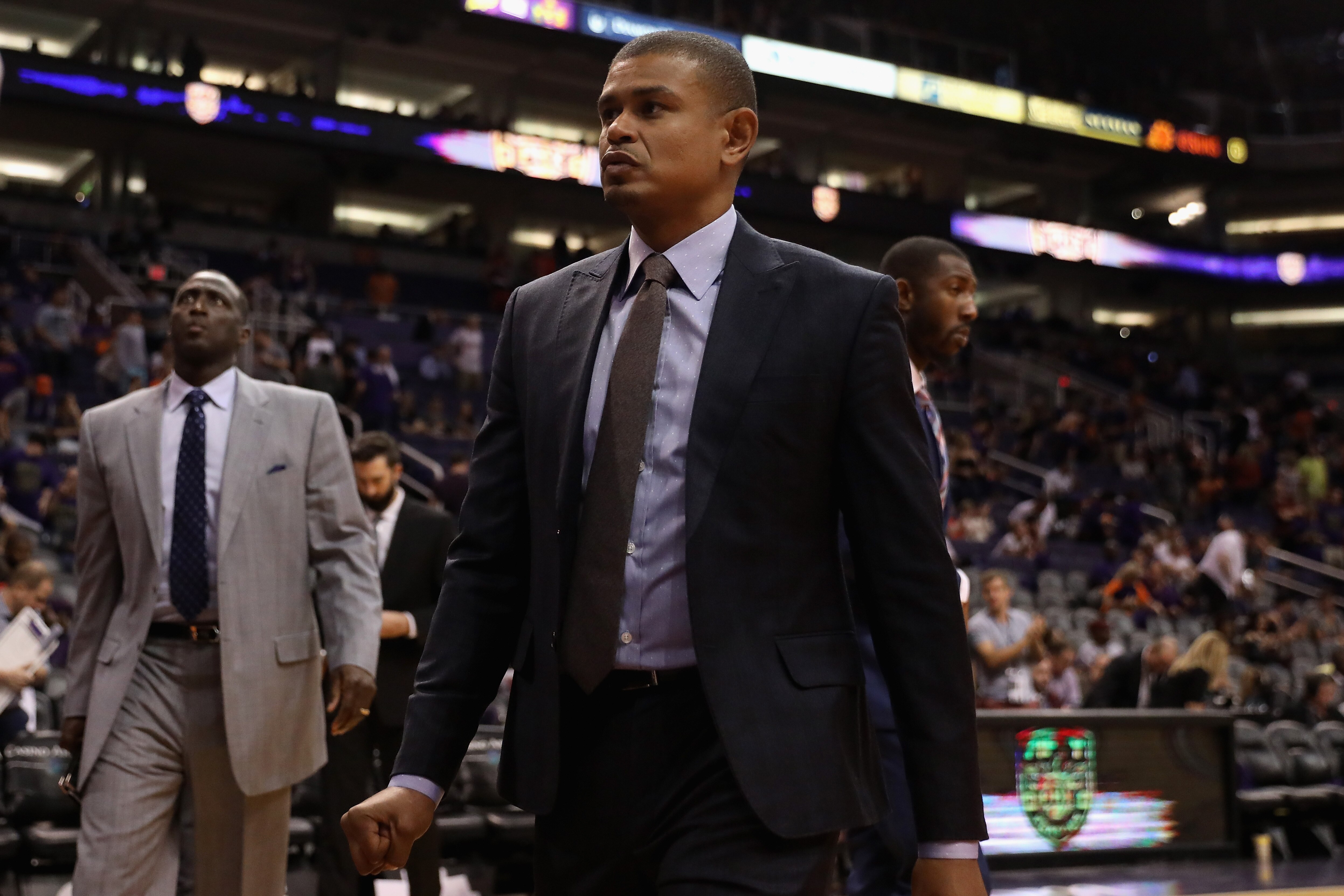 PHOENIX, AZ - OCTOBER 18:  Head coach Earl Watson of the Phoenix Suns reacts as he walks off the court following the NBA game against the Portland Trail Blazers at Talking Stick Resort Arena on October 18, 2017 in Phoenix, Arizona.  The Trail Blazers  defeated the Suns 124-76. NOTE TO USER: User expressly acknowledges and agrees that, by downloading and or using this photograph, User is consenting to the terms and conditions of the Getty Images License Agreement.  (Photo by Christian Petersen/Getty Images)