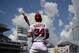 Washington Nationals' Bryce Harper stands on the on deck circle during the first inning of a baseball game against the St. Louis Cardinals, Monday, Sept. 3, 2018, in Washington. The Nationals won 4-3 in 10 innings. (AP Photo/Nick Wass)