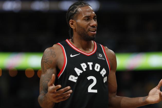 Toronto Raptors forward Kawhi Leonard (2) in the second half of an NBA basketball game Sunday, Dec. 16, 2018, in Denver. The Nuggets won 95-86. (AP Photo/David Zalubowski)