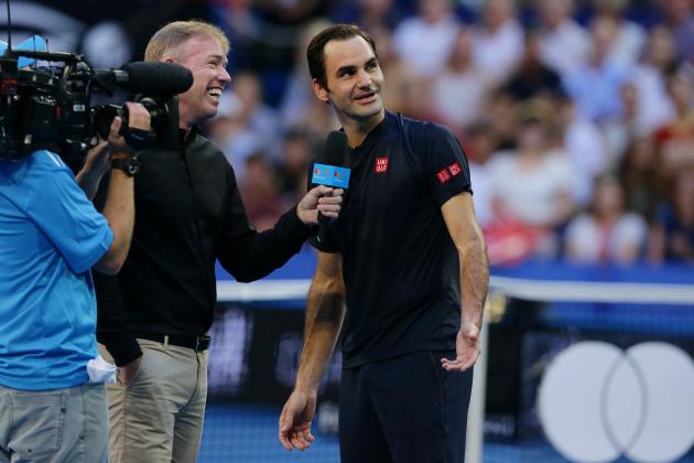 PERTH, AUSTRALIA - JANUARY 05:  Roger Federer of Switzerland is interviewed after defeating Alexander Zverev of Germany in the mens singles match during Day eight of the 2019 Hopman Cup at RAC Arena on January 05, 2019 in Perth, Australia. (Photo by Will Russell/Getty Images)