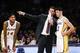 Los Angeles Lakers forward Brandon Ingram #14, looks on as head coach Luke Walton talks to guard Lonzo Ball #2 during the first half of an NBA basketball game Sunday, Nov. 19, 2017, in Los Angeles. (AP Photo/Ringo H.W. Chiu)