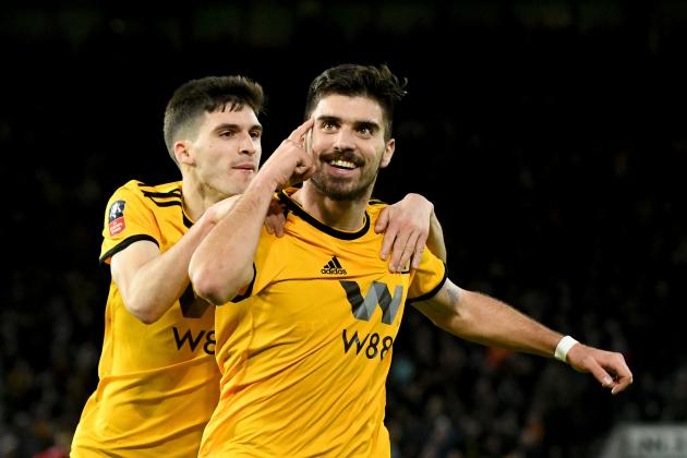 WOLVERHAMPTON, ENGLAND - JANUARY 07: Ruben Neves of Wolverhampton Wanderers celebrates after scoring a goal to make it 2-1 during the Emirates FA Cup Third Round match between Wolverhampton Wanderers and Liverpool at Molineux on January 7, 2019 in Wolverhampton, United Kingdom. (Photo by Sam Bagnall - AMA/Getty Images)