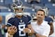Tennessee Titans quarterback Marcus Mariota (8) talks with offensive coordinator Matt LaFleur before a preseason NFL football game against the Minnesota Vikings Thursday, Aug. 30, 2018, in Nashville, Tenn. (AP Photo/Mark Zaleski)