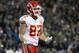 SEATTLE, WA - DECEMBER 23: Travis Kelce #87 of the Kansas City Chiefs reacts after teammate Damien Williams #26 (not pictured) fumbled the ball during the second quarter of the game at CenturyLink Field on December 23, 2018 in Seattle, Washington. (Photo by Abbie Parr/Getty Images)