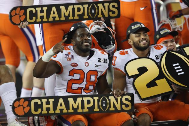 SANTA CLARA, CA - JANUARY 07: Tavien Feaster #28 of the Clemson Tigers celbrates after his teams 44-16 win over the Alabama Crimson Tide in the CFP National Championship presented by AT&T at Levi's Stadium on January 7, 2019 in Santa Clara, California.  (Photo by Sean M. Haffey/Getty Images)