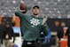 Philadelphia Eagles quarterback Nick Foles warms up before an NFL wild-card playoff football game against the Chicago Bears Sunday, Jan. 6, 2019, in Chicago. (AP Photo/David Banks)