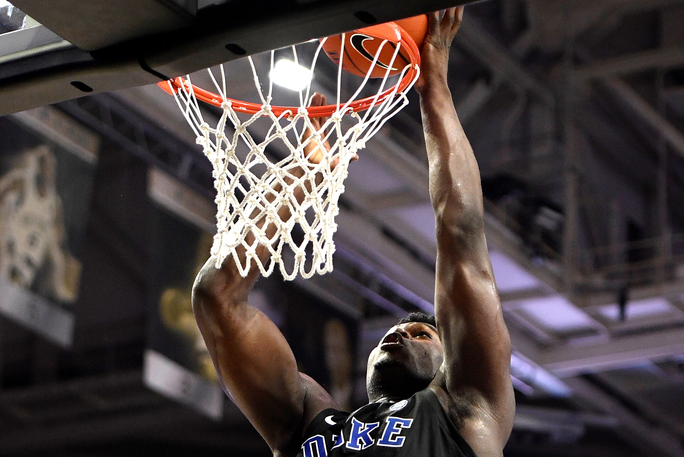 WINSTON-SALEM, NC - JANUARY 08: Zion Williamson #1 of the Duke Blue Devils puts up a shot against the Wake Forest Demon Deacons in the second half at LJVM Coliseum Complex on January 8, 2019 in Winston-Salem, North Carolina. Duke won 87-65. (Photo by Lance King/Getty Images)