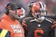 Cleveland Browns offensive coordinator Freddie Kitchens, left, talks with quarterback Baker Mayfield (6) in the fourth quarter of an NFL football game against the Cincinnati Bengals, Sunday, Dec. 23, 2018, in Cleveland. The Browns won 28-16. (AP Photo/David Richard)