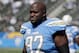 Los Angeles Chargers defensive tackle Brandon Mebane warms up before an NFL football game against the Oakland Raiders Sunday, Oct. 7, 2018, in Carson, Calif. (AP Photo/Jae C. Hong)