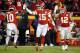 Kansas City Chiefs quarterback Patrick Mahomes (15) celebrates a touchdown by wide receiver Tyreek Hill (10) during the second half of an NFL football game against the Oakland Raiders in Kansas City, Mo., Sunday, Dec. 30, 2018. (AP Photo/Charlie Riedel)