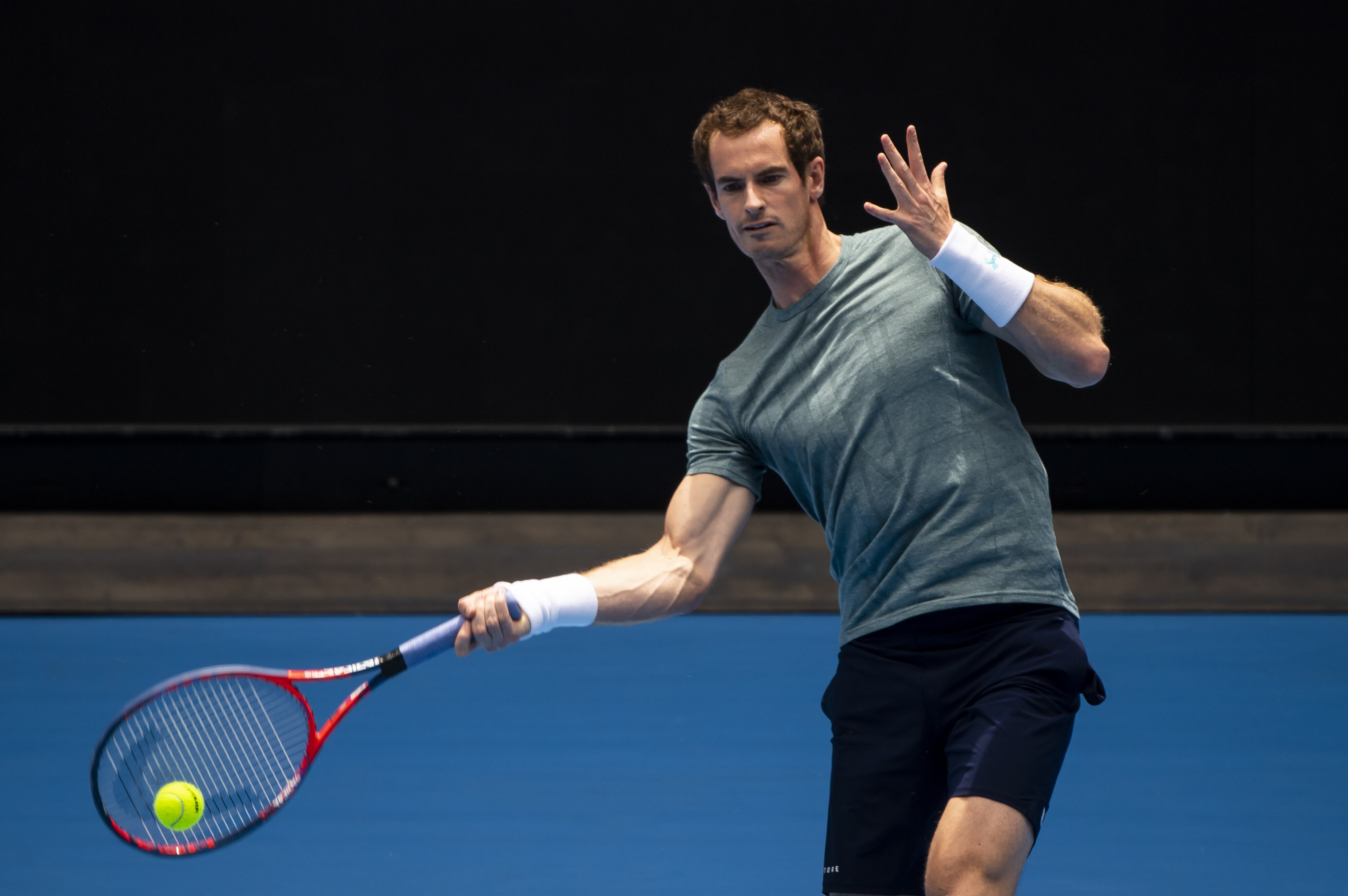 MELBOURNE, AUSTRALIA - JANUARY 10: Andy Murray of Great Britain in action during a practice session ahead of the 2019 Australian Open at Melbourne Park on January 10, 2019 in Melbourne, Australia. (Photo by TPN/Getty Images)