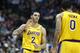 Los Angeles Lakers guard Lonzo Ball (2) after scoring during the second half of an NBA basketball against the Dallas Mavericks game in Dallas, Monday, Jan. 7, 2019. (AP Photo/LM Otero)