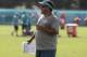 Miami Dolphins offensive coordinator Dowell Loggains watches at the NFL football team's training camp, Friday, July 27, 2018, in Davie, Fla. (AP Photo/Lynne Sladky)