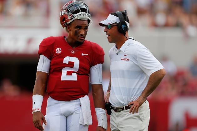 TUSCALOOSA, AL - SEPTEMBER 08:  Jalen Hurts #2 of the Alabama Crimson Tide converses with quarterbacks coach Dan Enos during the game against the Arkansas State Red Wolves at Bryant-Denny Stadium on September 8, 2018 in Tuscaloosa, Alabama.  (Photo by Kevin C. Cox/Getty Images)