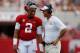 TUSCALOOSA, AL - SEPTEMBER 08: Jalen Hurts #2 of the Alabama Crimson Tide converses with quarterbacks coach Dan Enos during the game against the Arkansas State Red Wolves at Bryant-Denny Stadium on September 8, 2018 in Tuscaloosa, Alabama. (Photo by Kevin C. Cox/Getty Images)