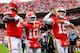 KANSAS CITY, MO - OCTOBER 7: Patrick Mahomes #15 of the Kansas City Chiefs flexes his muscle with teammates Tyreek Hill #10 and Cameron Erving #75 after scoring a rushing touchdown during the first quarter of the game against the Jacksonville Jaguars at Arrowhead Stadium on October 7, 2018 in Kansas City, Missouri. (Photo by Peter Aiken/Getty Images)