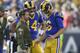 LOS ANGELES, CA - NOVEMBER 11: Head coach Sean McVay and Sean Mannion #14 talk to Jared Goff #16 of the Los Angeles Rams during a game with the Seattle Seahawks at Los Angeles Memorial Coliseum on November 11, 2018 in Los Angeles, California. The Rams won 36-31. (Photo by John McCoy/Getty Images)