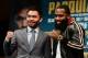 NEW YORK, NY - NOVEMBER 19: Manny Pacquiao (L) and Adrien Broner face off during a press conference at Gotham Hall in preparation for their upcoming match on November 19, 2018 in New York City. The match is set to take place on January 19, 2019 in Las Vegas. (Photo by Sarah Stier/Getty Images)