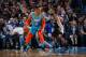 OKLAHOMA CITY, OK- JANUARY 12: Patty Mills #8 of the San Antonio Spurs plays defense against against Russell Westbrook #0 of the Oklahoma City Thunder during the game on January 12, 2019 at Chesapeake Energy Arena in Oklahoma City, Oklahoma. NOTE TO USER: User expressly acknowledges and agrees that, by downloading and or using this photograph, User is consenting to the terms and conditions of the Getty Images License Agreement. Mandatory Copyright Notice: Copyright 2019 NBAE (Photo by Zach Beeker/NBAE via Getty Images)